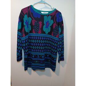 Vintage 80s XL Cricket Lane Purple Teal Floral Long Sleeve Knit Grandma Sweater